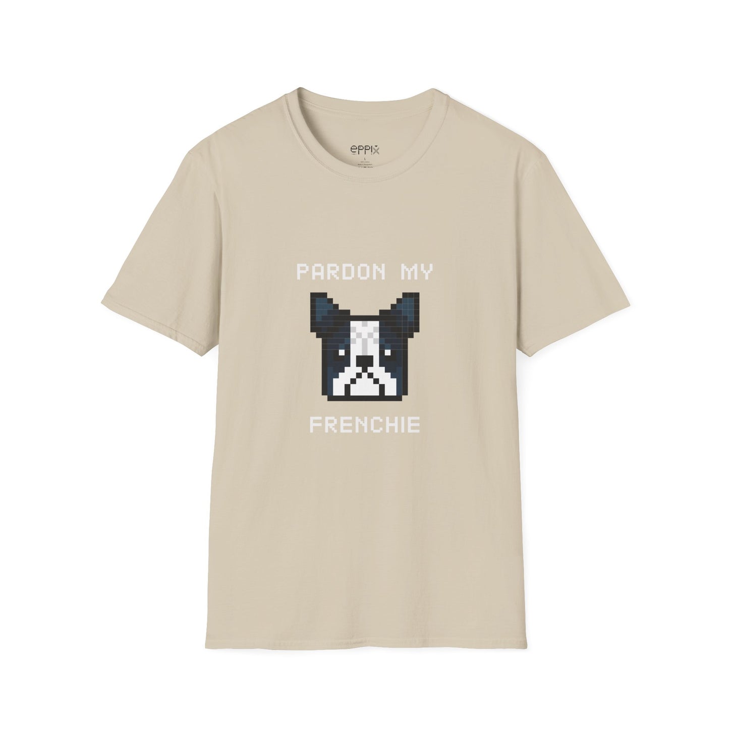 Camiseta unisex Softstyle de EPPIX: ilustración de perro francés de píxeles Perdón por mi francés 