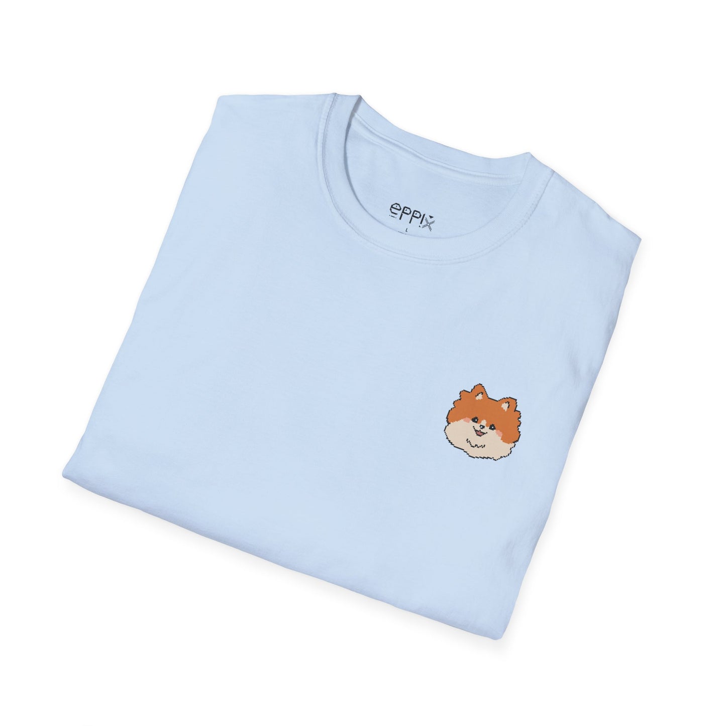 Camiseta unisex de estilo suave EPPIX: adorable cachorro de Pomerania con ilustración de perro pixelada y pompón 