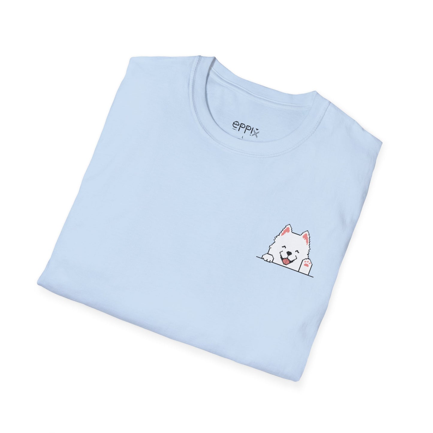 Camiseta unisex Softstyle de EPPIX: ilustración de perro samoyedo sonriente y feliz saludando con la mano 