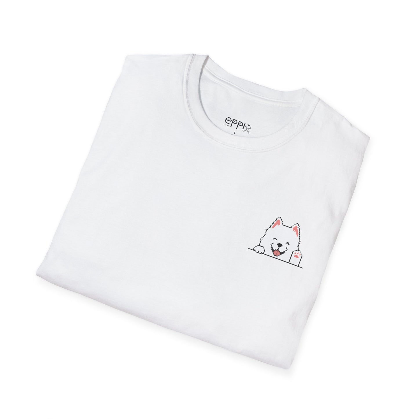 Camiseta unisex Softstyle de EPPIX: ilustración de perro samoyedo sonriente y feliz saludando con la mano 