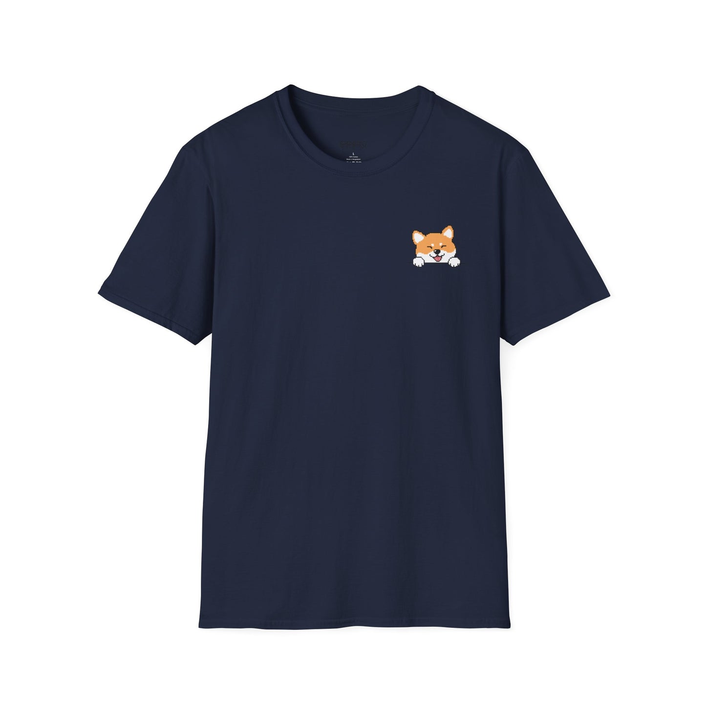 Camiseta unisex Softstyle de EPPIX: ilustración de perro píxel Shiba Inu astuto con expresión traviesa 