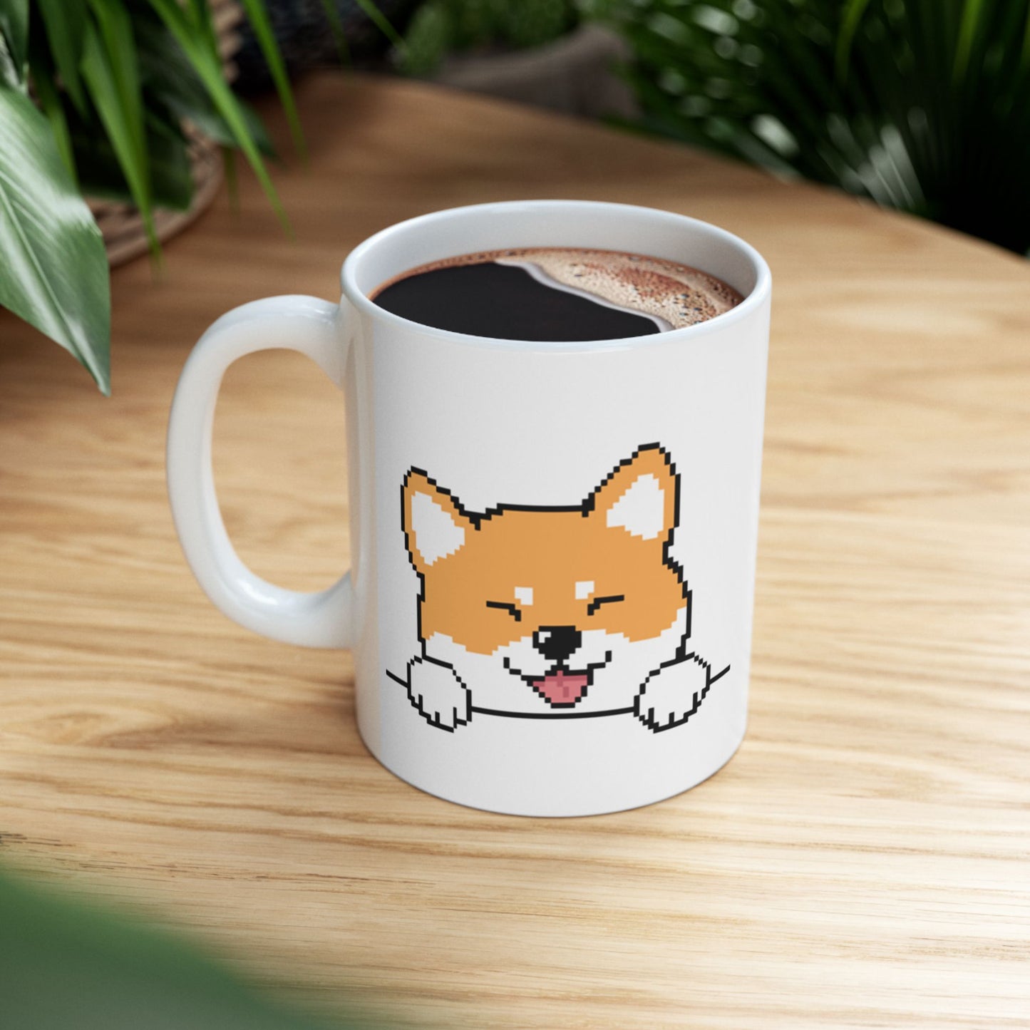 EPPIX Ceramic White Mug - Sly Shiba Inu Akita Pixel Dog Illustration (11oz, 15oz)