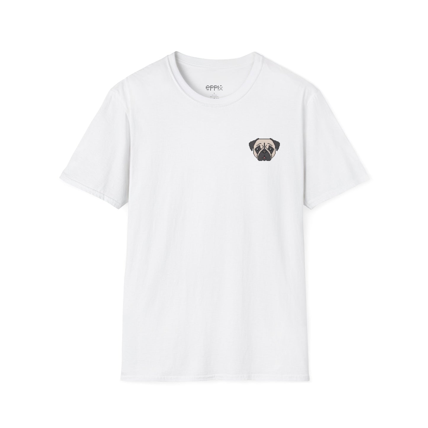 Camiseta unisex Softstyle de EPPIX: ilustración de perro pixelado con un lindo cachorro de carlino 