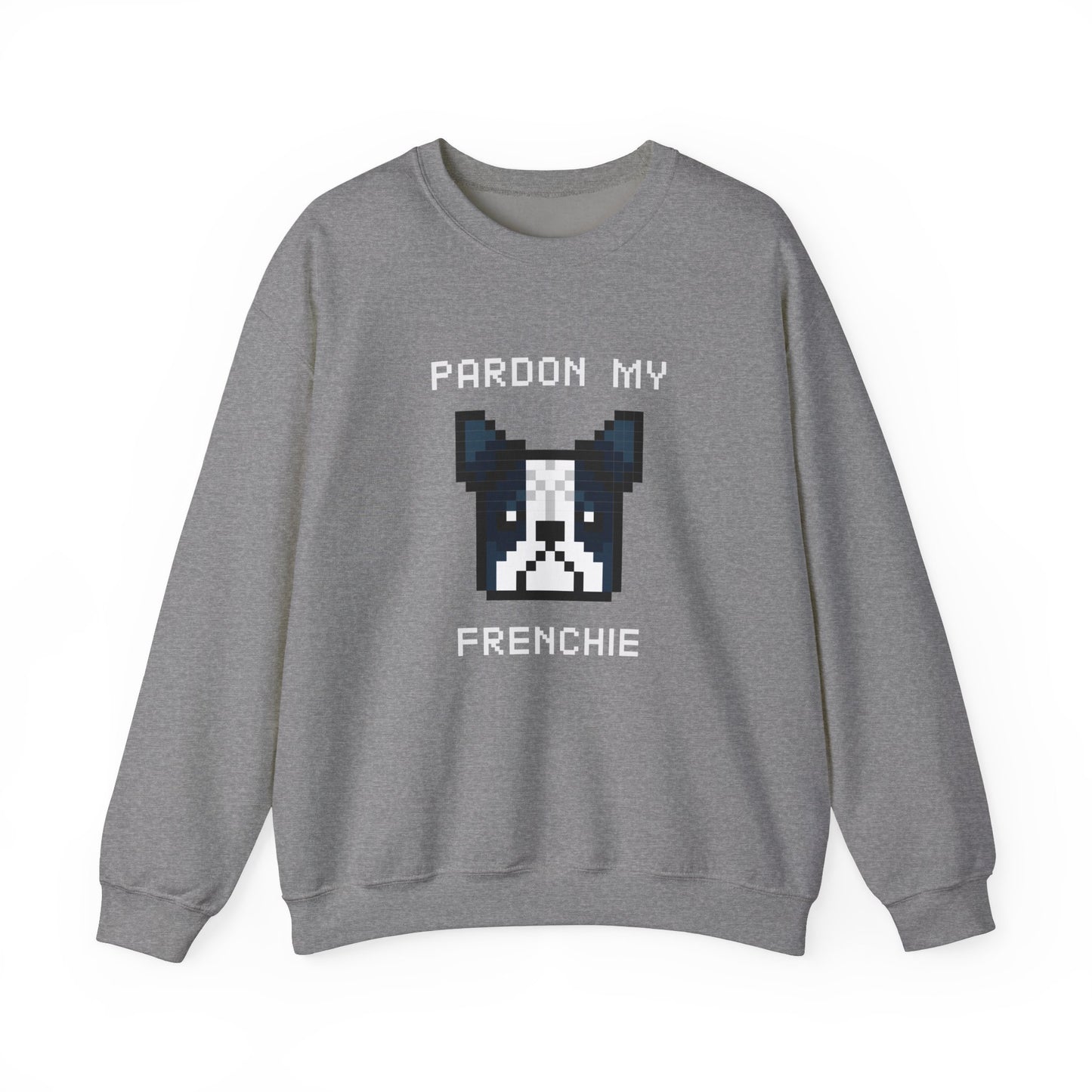 Sudadera unisex de mezcla pesada con cuello redondo de EPPIX: Pardon My Frenchie, ilustración divertida de arte de perro pixelado, bulldog francés 