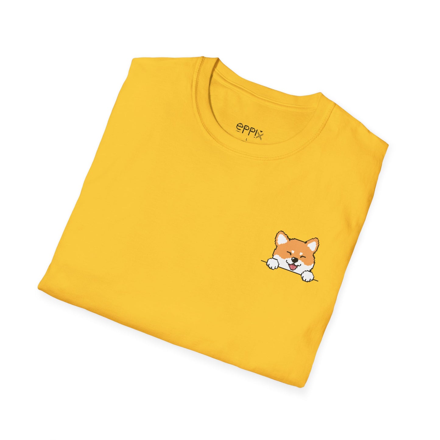 Camiseta unisex Softstyle de EPPIX: ilustración de perro píxel Shiba Inu astuto con expresión traviesa 