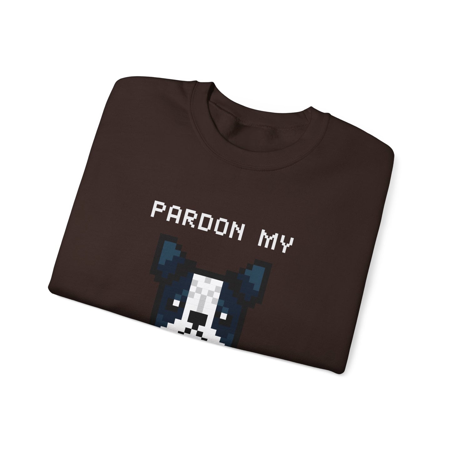 Sudadera unisex de mezcla pesada con cuello redondo de EPPIX: Pardon My Frenchie, ilustración divertida de arte de perro pixelado, bulldog francés 