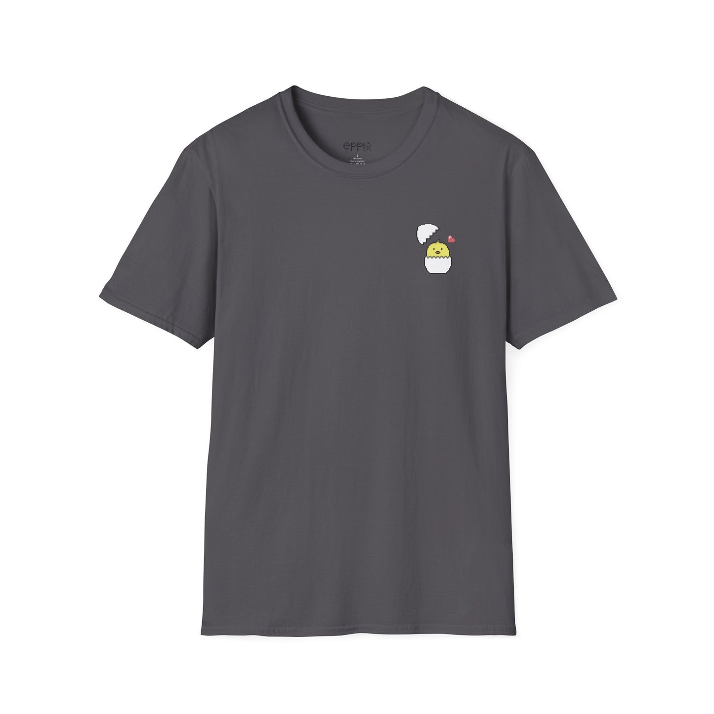 Camiseta unisex de estilo suave de EPPIX: linda ilustración de animales pixelados con cáscara de huevo de pollito 