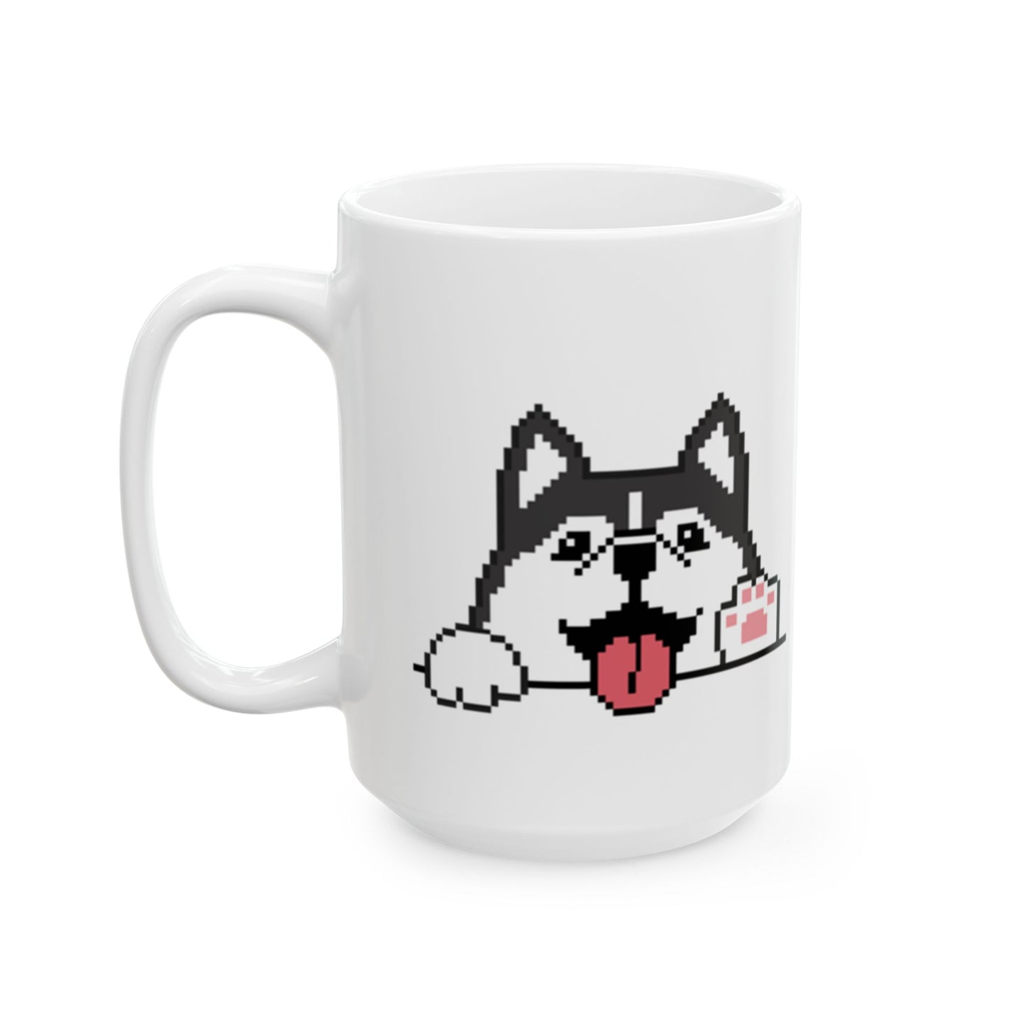 EPPIX Ceramic White Mug - Happy Alaskan Malamute Siberian Husky Pixel Dog Illustration Waving Hello (11oz, 15oz)