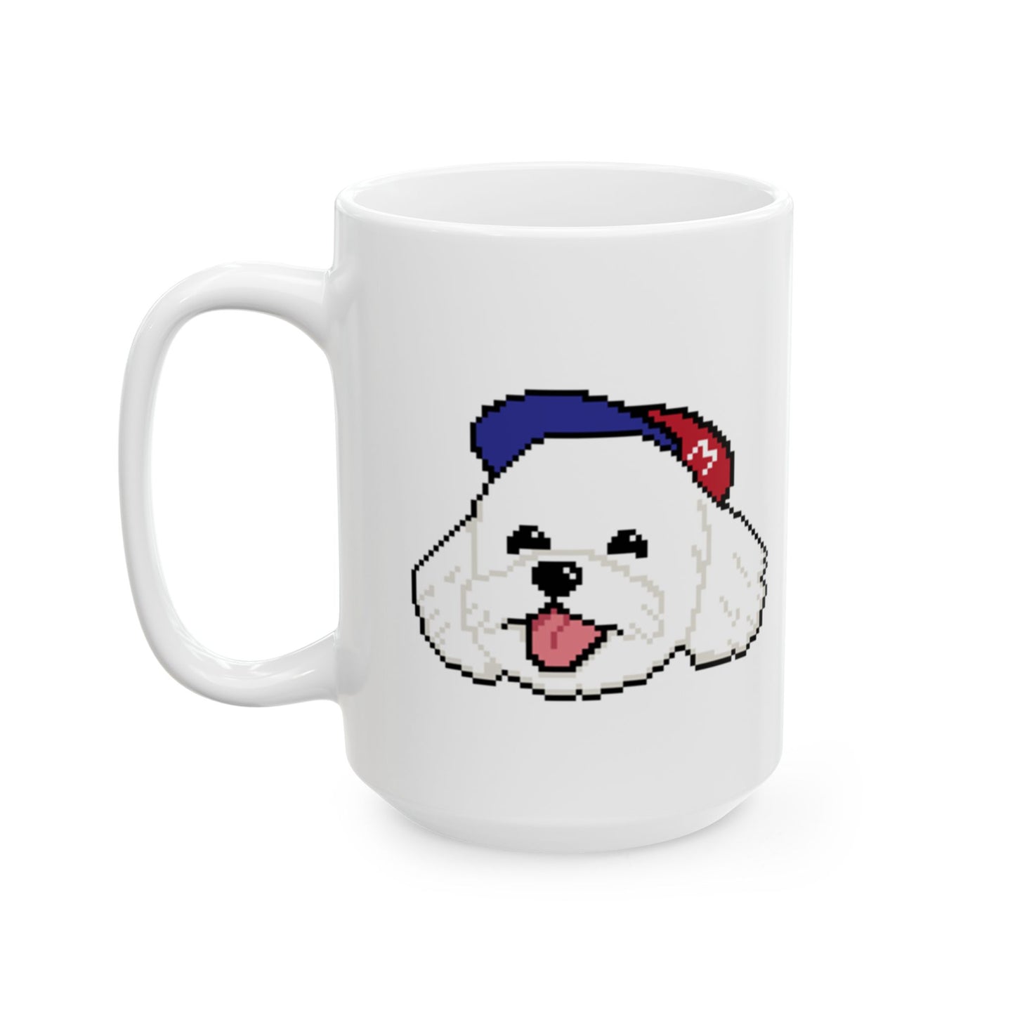 Taza de cerámica blanca EPPIX: ilustración de perro maltés pixelado y hipster (11 oz, 15 oz) 