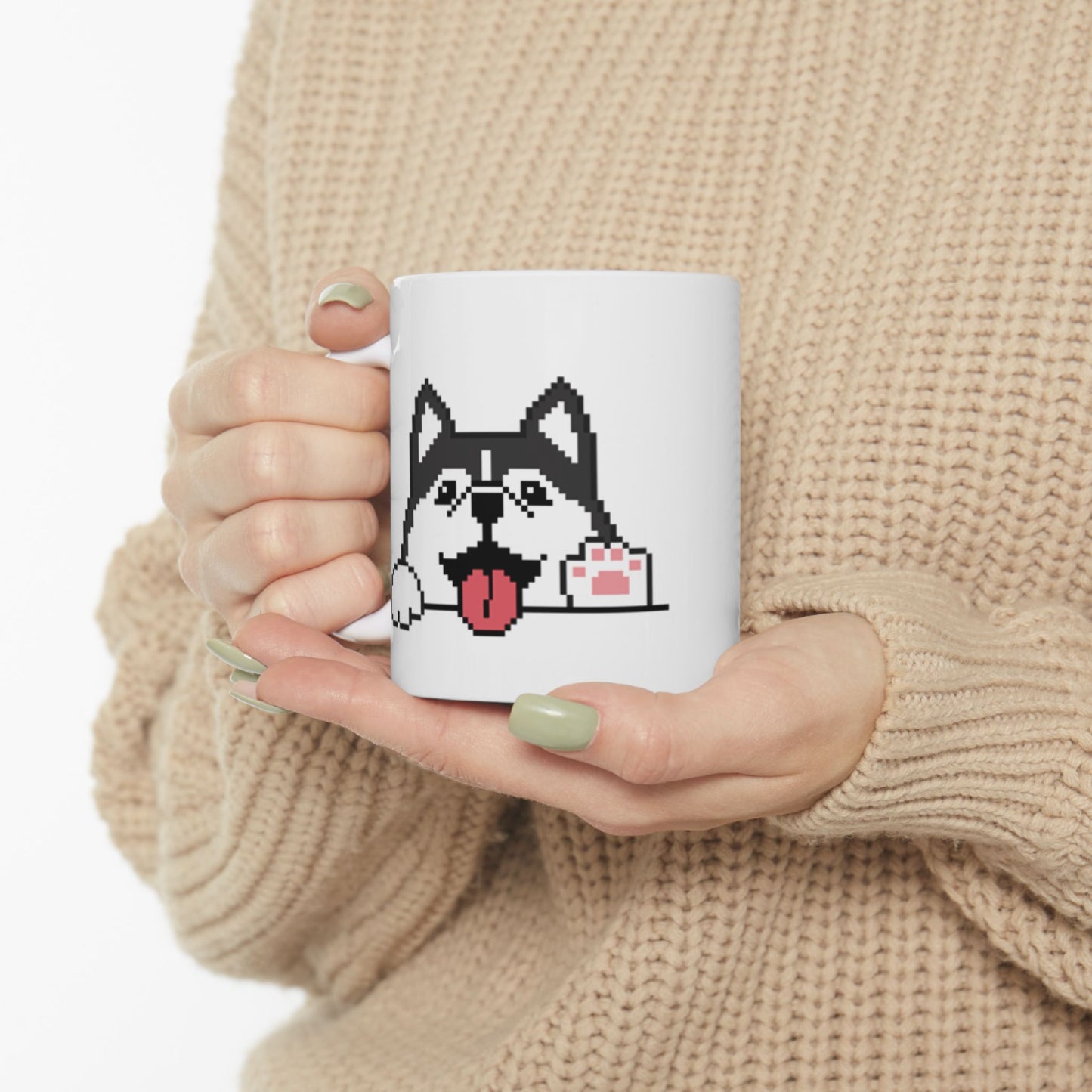 EPPIX Ceramic White Mug - Happy Alaskan Malamute Siberian Husky Pixel Dog Illustration Waving Hello (11oz, 15oz)