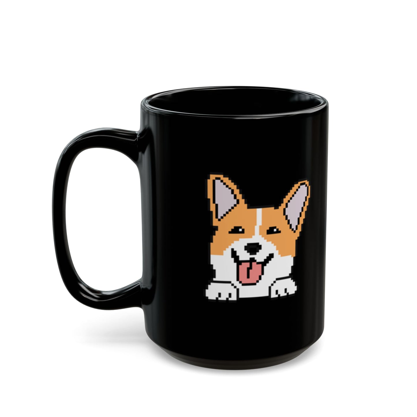 EPPIX Schwarze Keramiktasse – Happy Corgi Pixel Dog Illustration (11 oz, 15 oz)