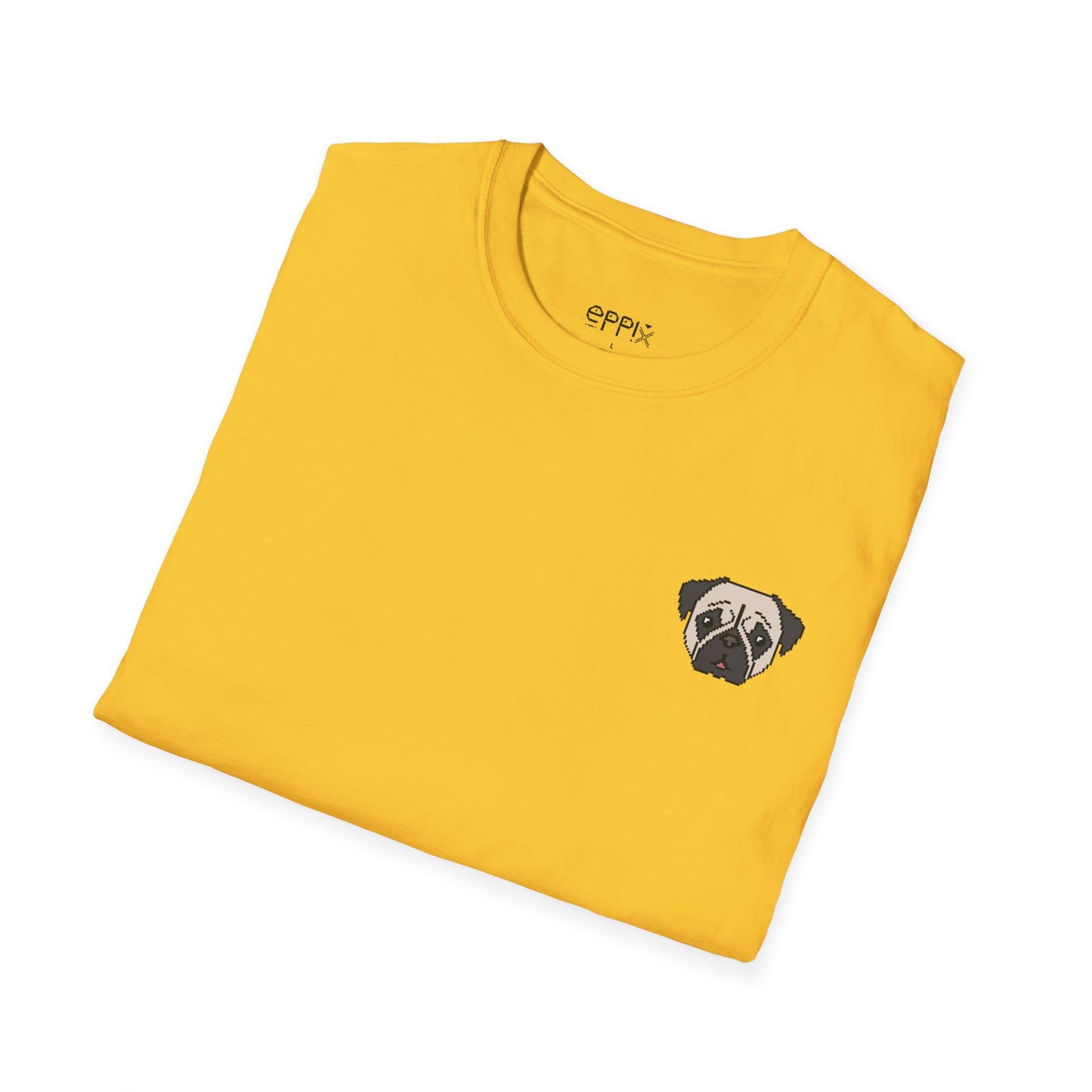 Camiseta unisex Softstyle de EPPIX: ilustración de perro pixelado con un lindo cachorro de carlino 