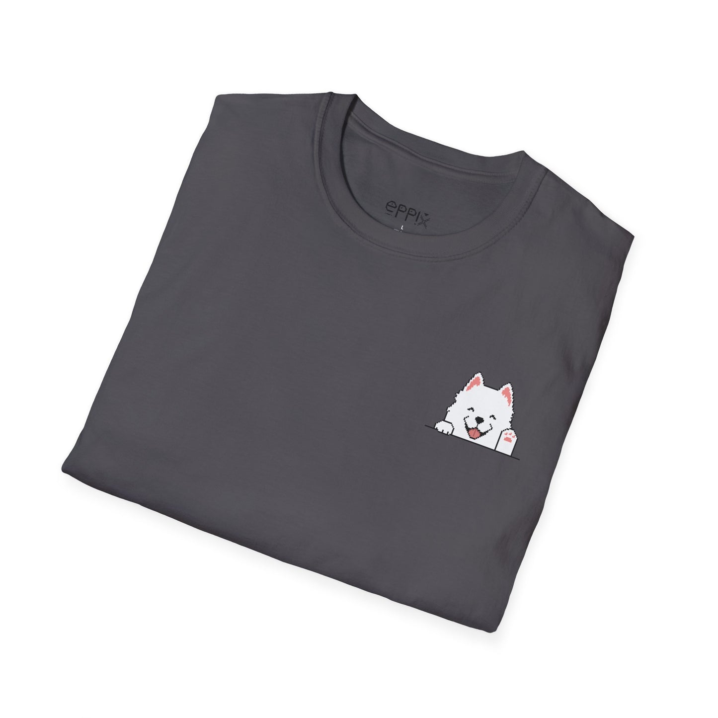 EPPIX Unisex Softstyle T-Shirt - Happy Samoyed Smiling Pixel Dog Illustration Waving Hello