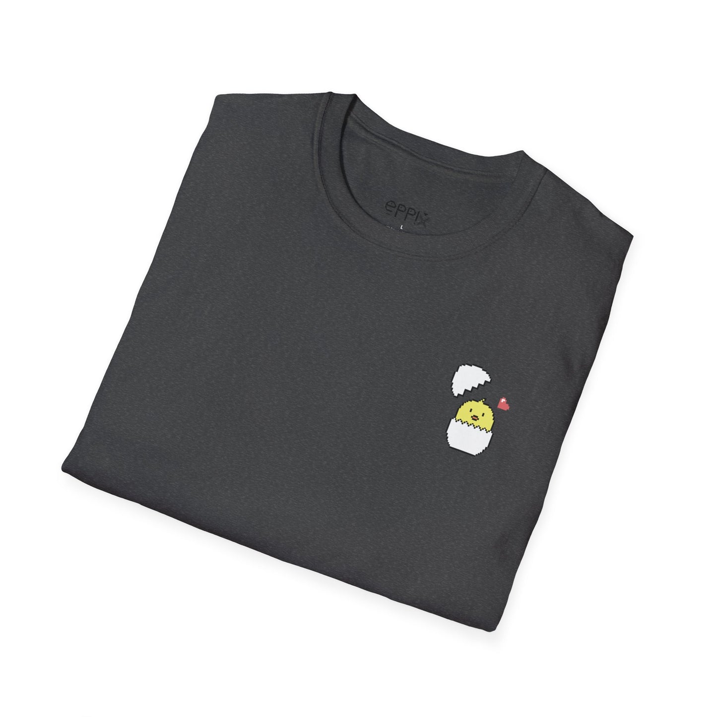 Camiseta unisex de estilo suave de EPPIX: linda ilustración de animales pixelados con cáscara de huevo de pollito 