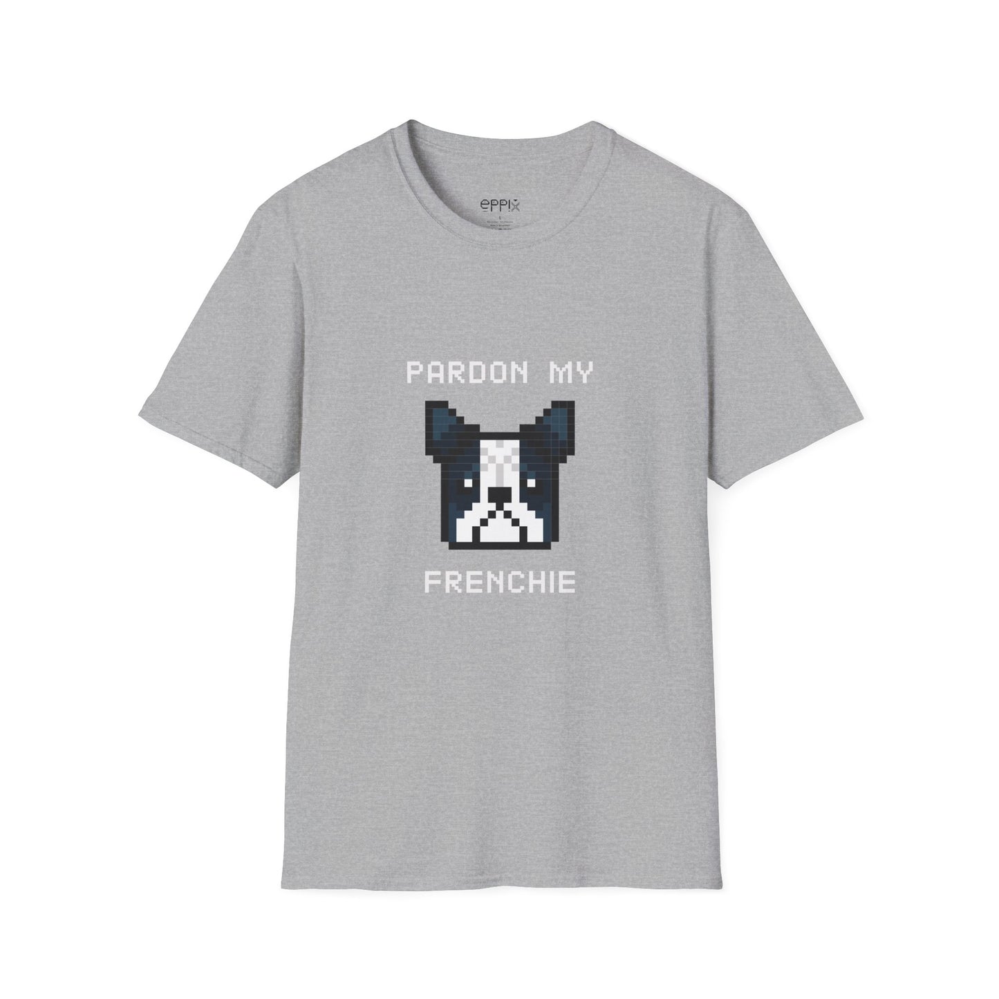 Camiseta unisex Softstyle de EPPIX: ilustración de perro francés de píxeles Perdón por mi francés 