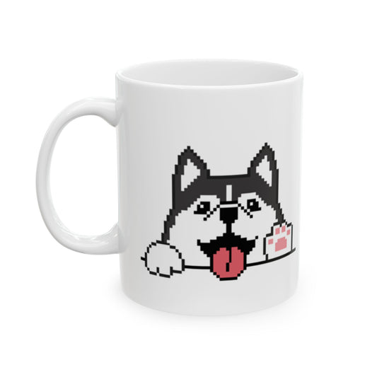 EPPIX Ceramic White Mug - Happy Alaskan Malamute Siberian Husky Pixel Dog Illustration Waving Hello (11oz, 15oz)