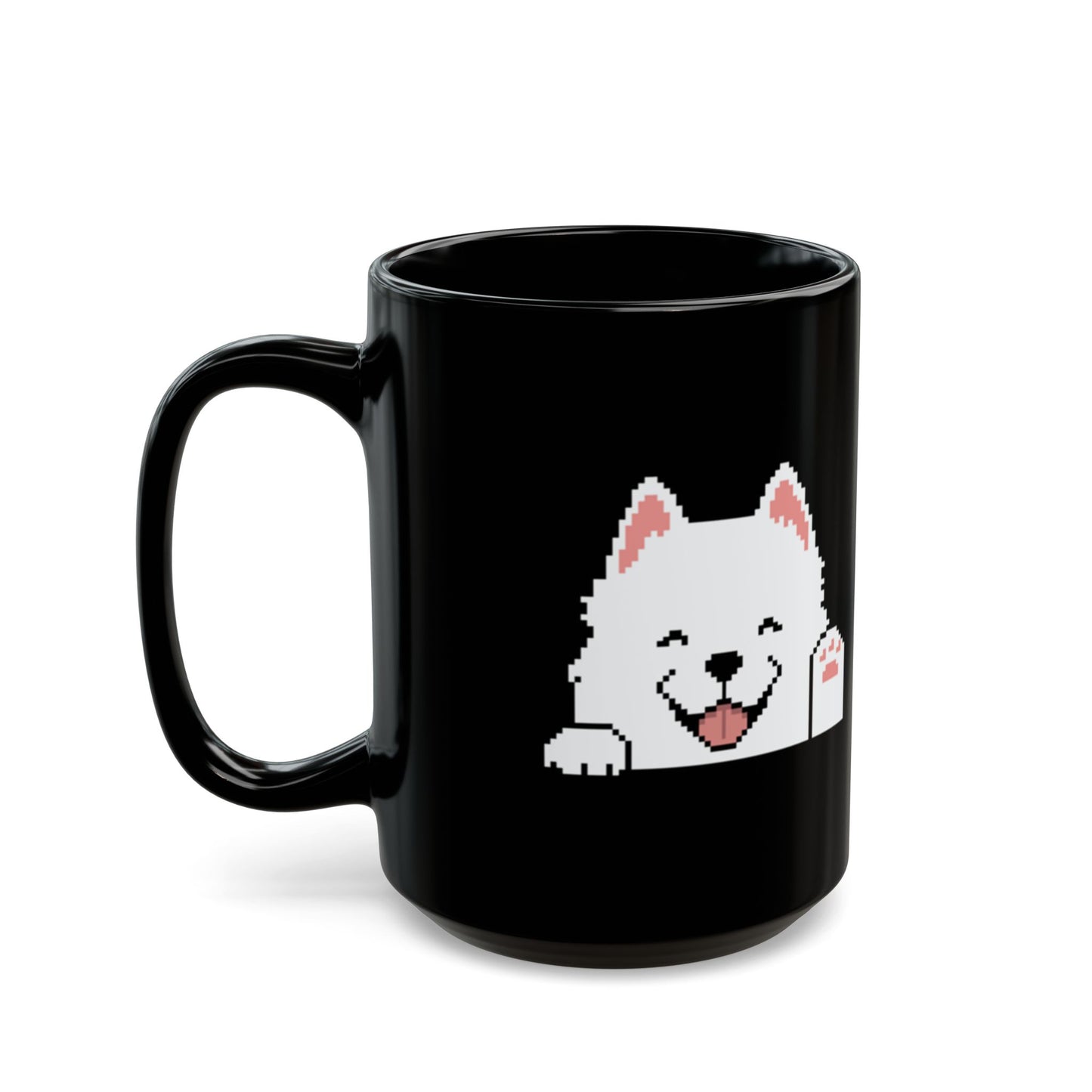 EPPIX Ceramic Black Mug - Happy Smiling Samoyed Pixel Dog Illustration (11oz, 15oz)