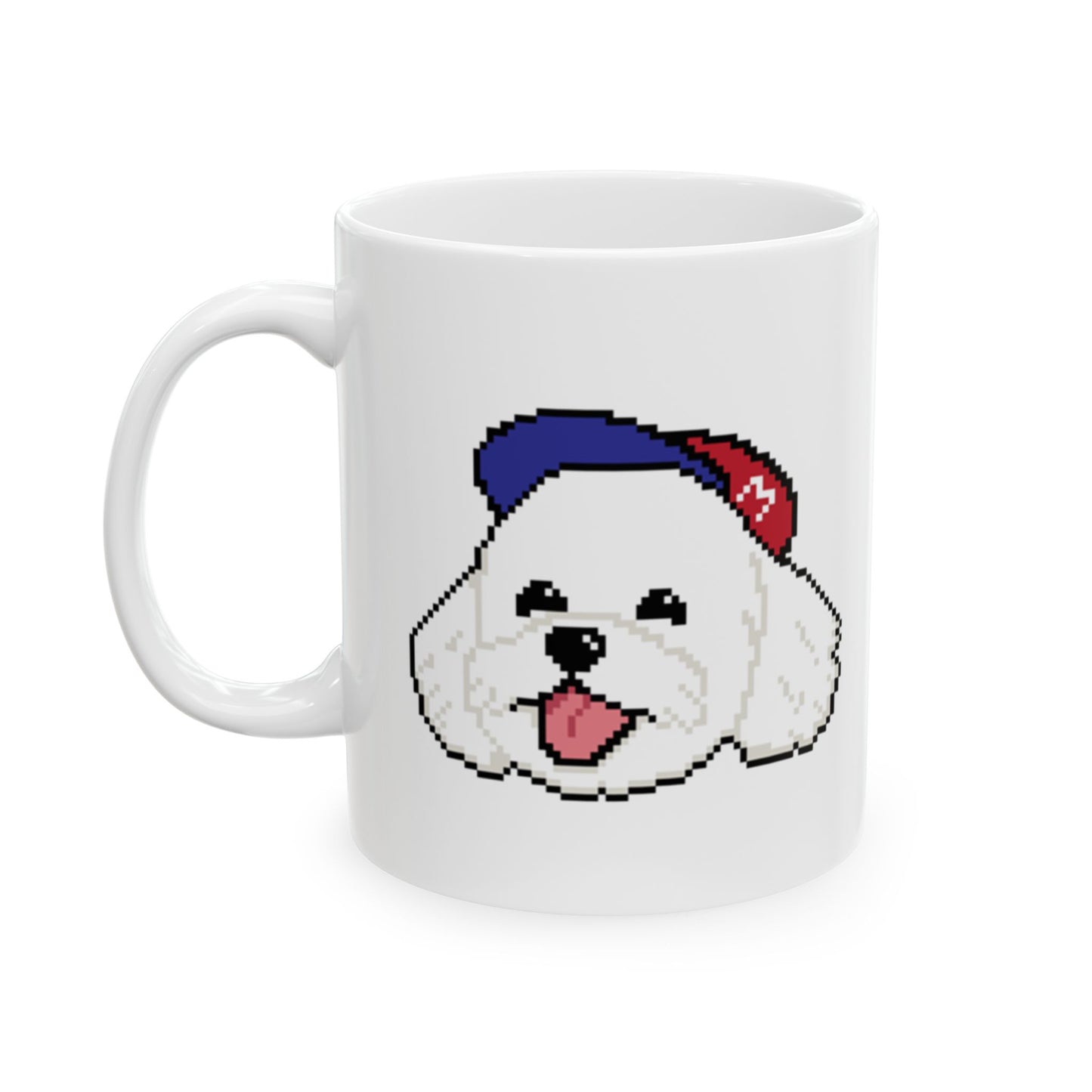 Taza de cerámica blanca EPPIX: ilustración de perro maltés pixelado y hipster (11 oz, 15 oz) 