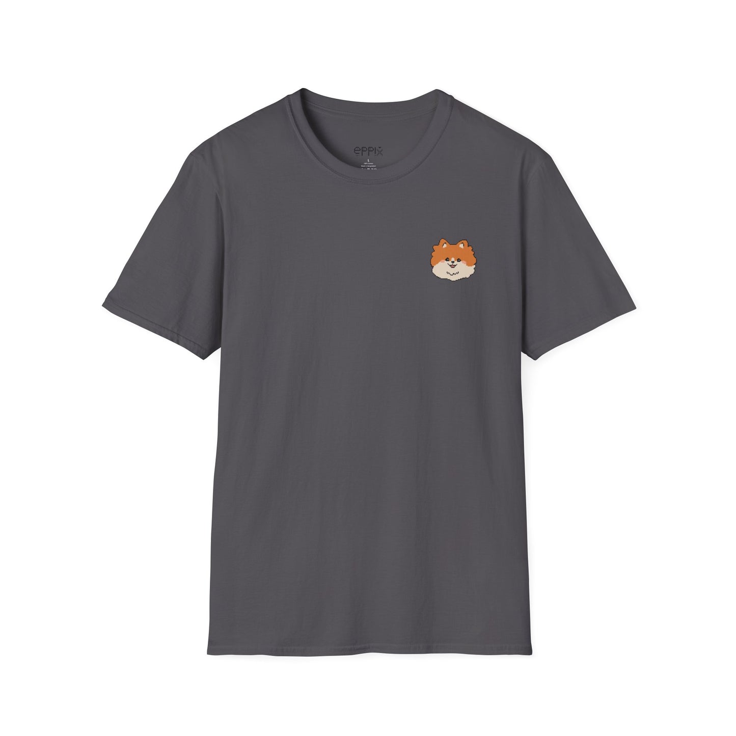 Camiseta unisex de estilo suave EPPIX: adorable cachorro de Pomerania con ilustración de perro pixelada y pompón 