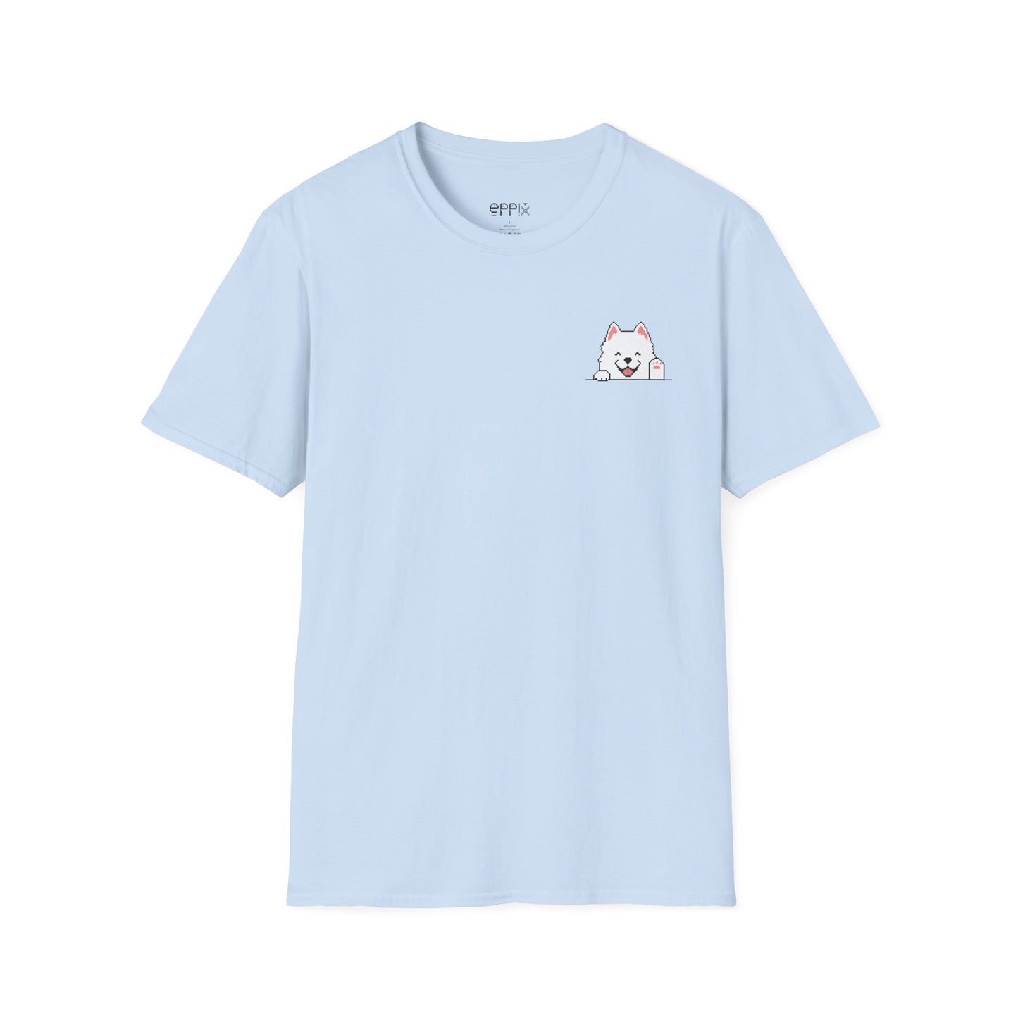 Camiseta unisex Softstyle de EPPIX: ilustración de perro samoyedo sonriente y feliz saludando con la mano 