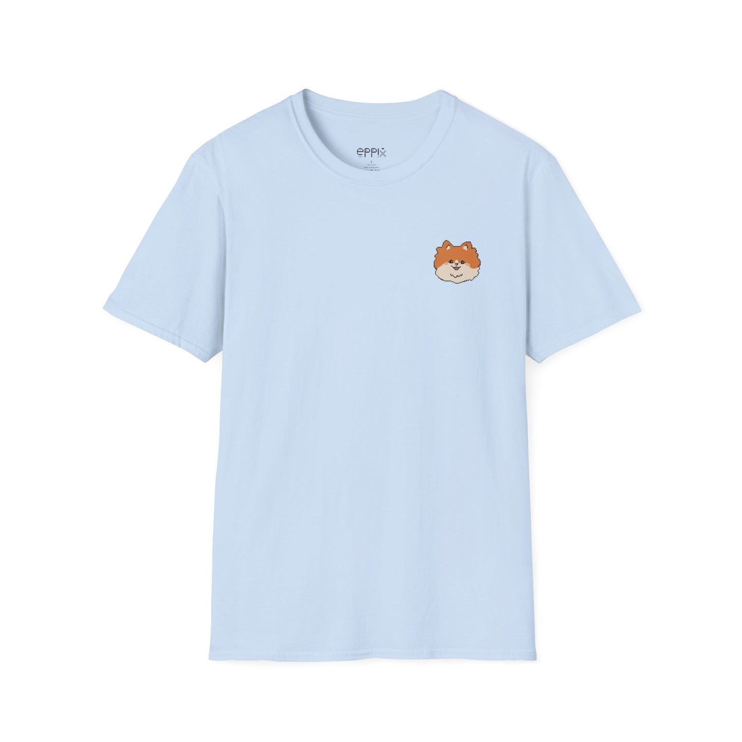 Camiseta unisex de estilo suave EPPIX: adorable cachorro de Pomerania con ilustración de perro pixelada y pompón 