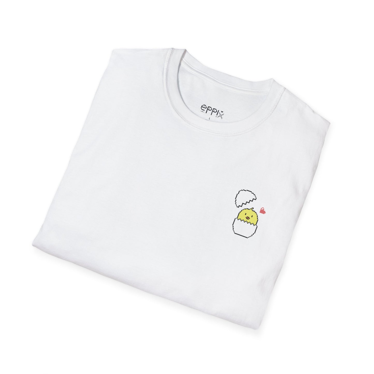 Camiseta unisex de estilo suave de EPPIX: linda ilustración de animales pixelados con cáscara de huevo de pollito 