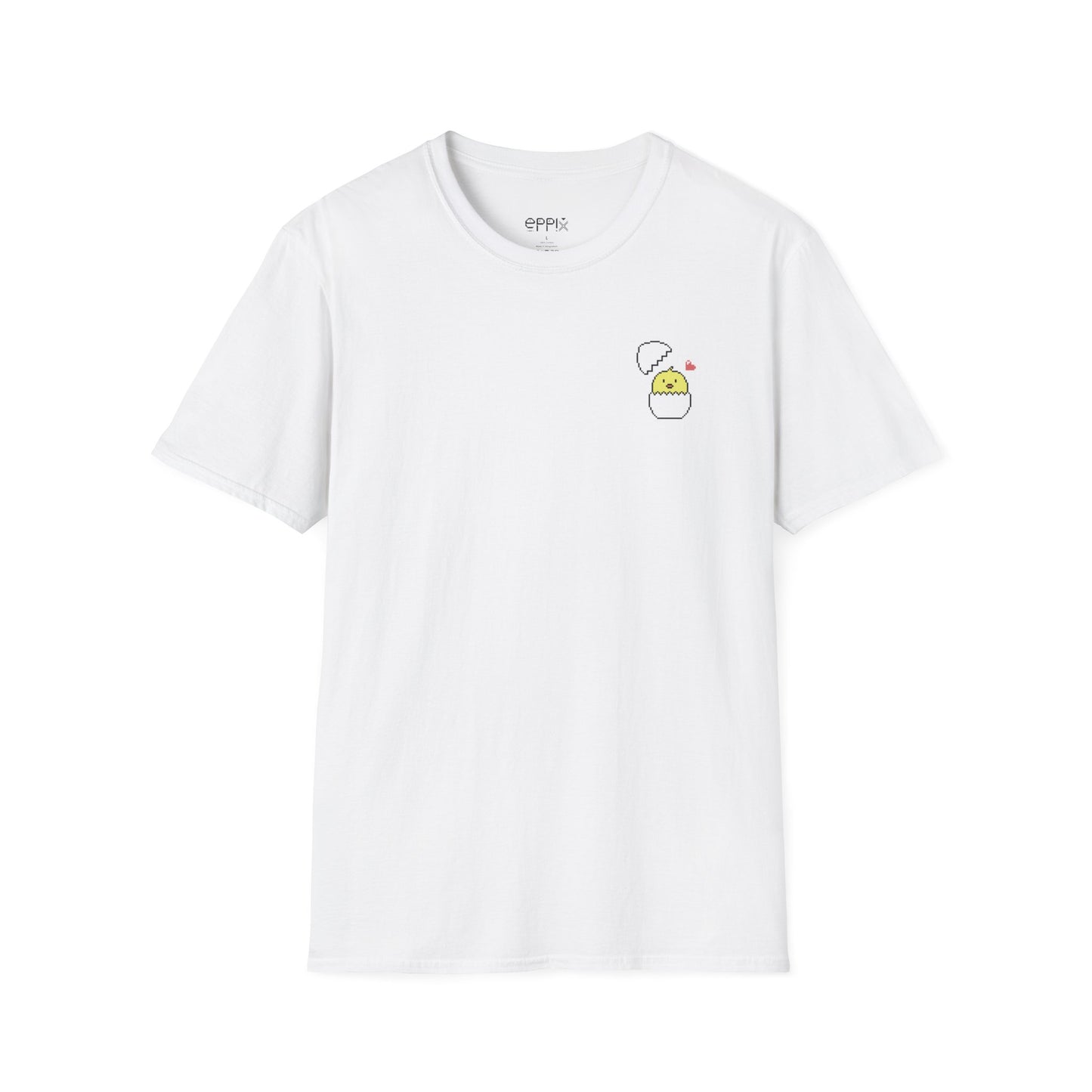 Camiseta unisex de estilo suave de EPPIX: linda ilustración de animales pixelados con cáscara de huevo de pollito 