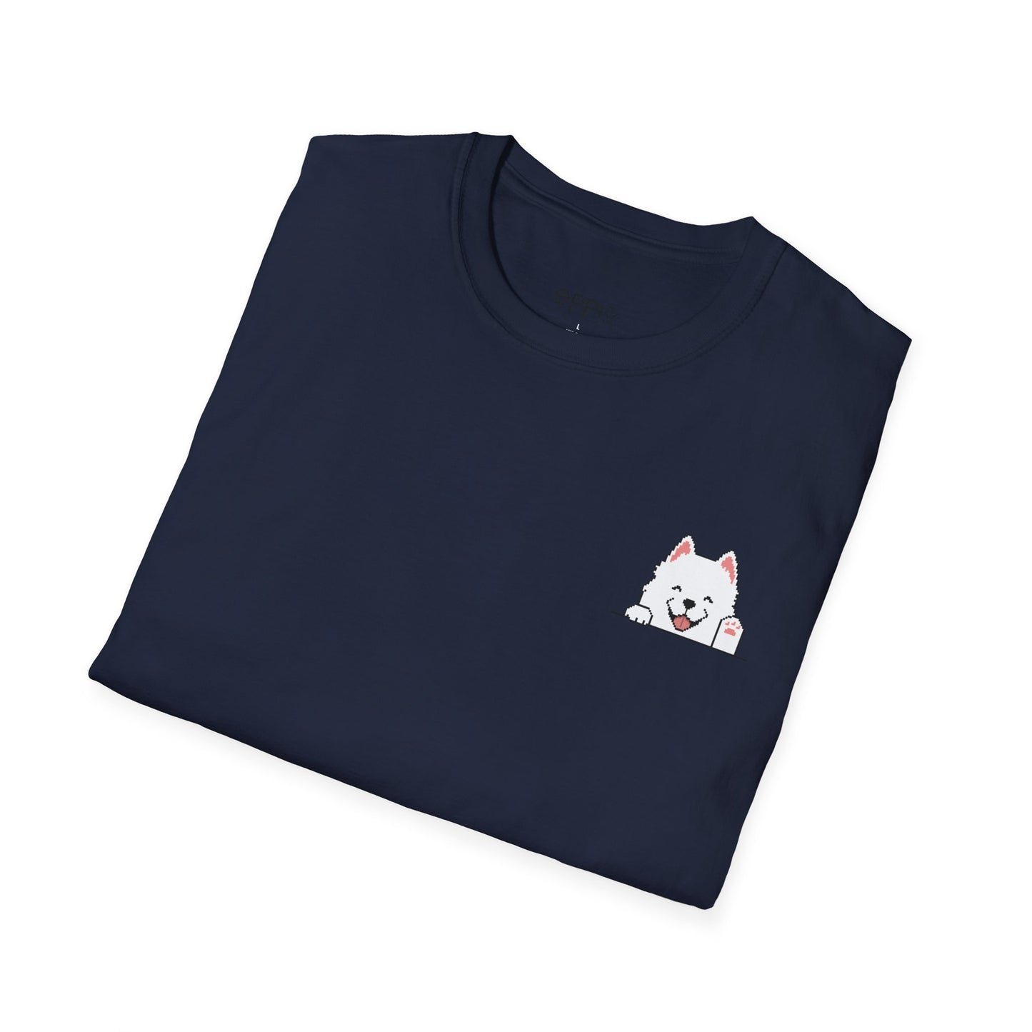 Camiseta unisex Softstyle de EPPIX: ilustración de perro samoyedo sonriente y feliz saludando con la mano 