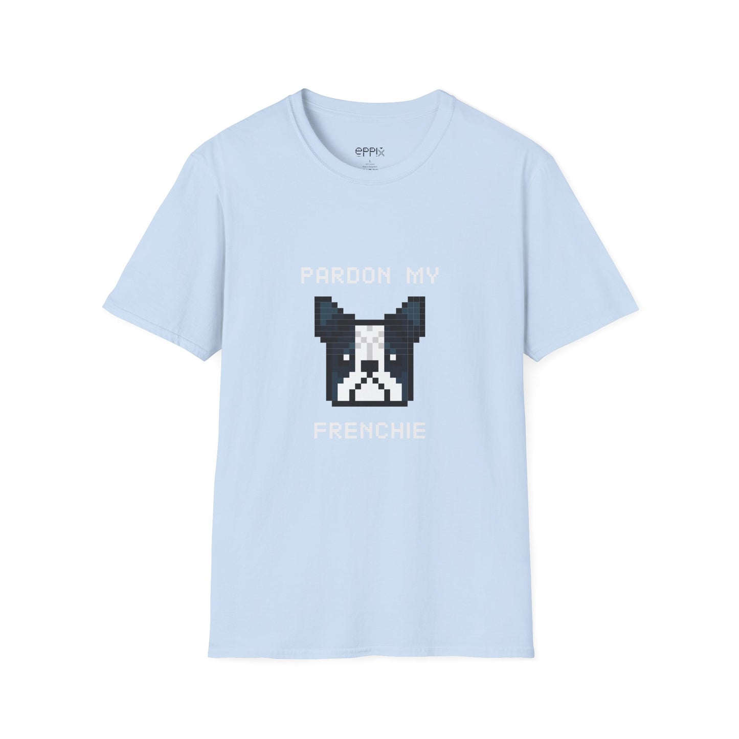 Camiseta unisex Softstyle de EPPIX: ilustración de perro francés de píxeles Perdón por mi francés 