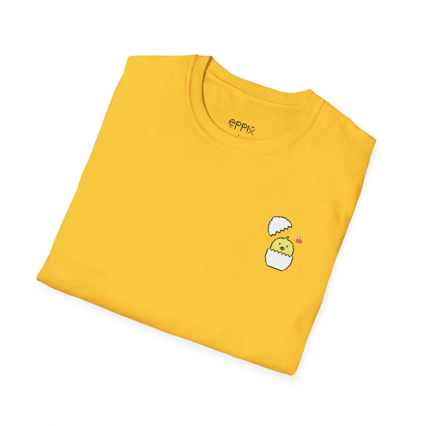 Camiseta unisex de estilo suave de EPPIX: linda ilustración de animales pixelados con cáscara de huevo de pollito 