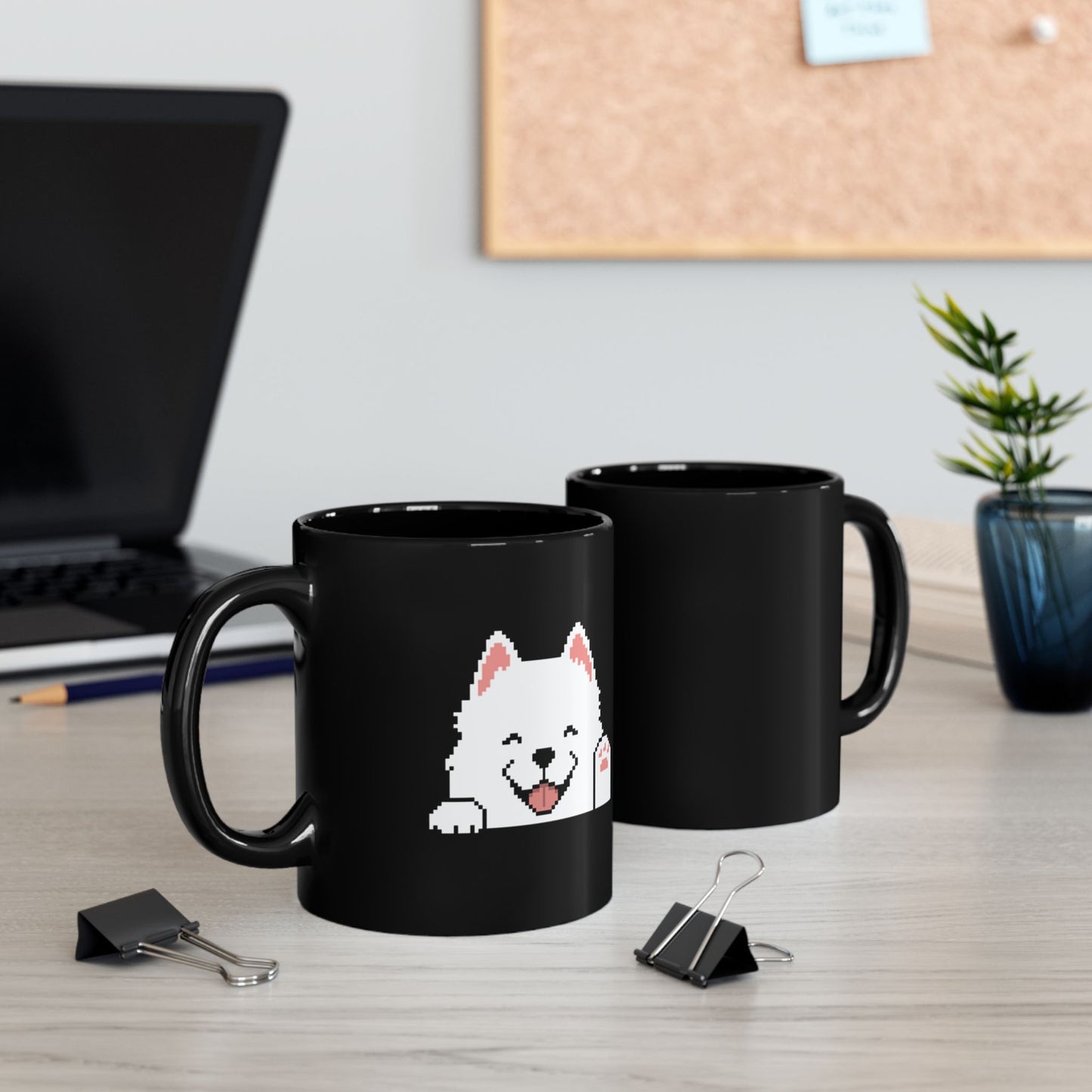 EPPIX Ceramic Black Mug - Happy Smiling Samoyed Pixel Dog Illustration (11oz, 15oz)