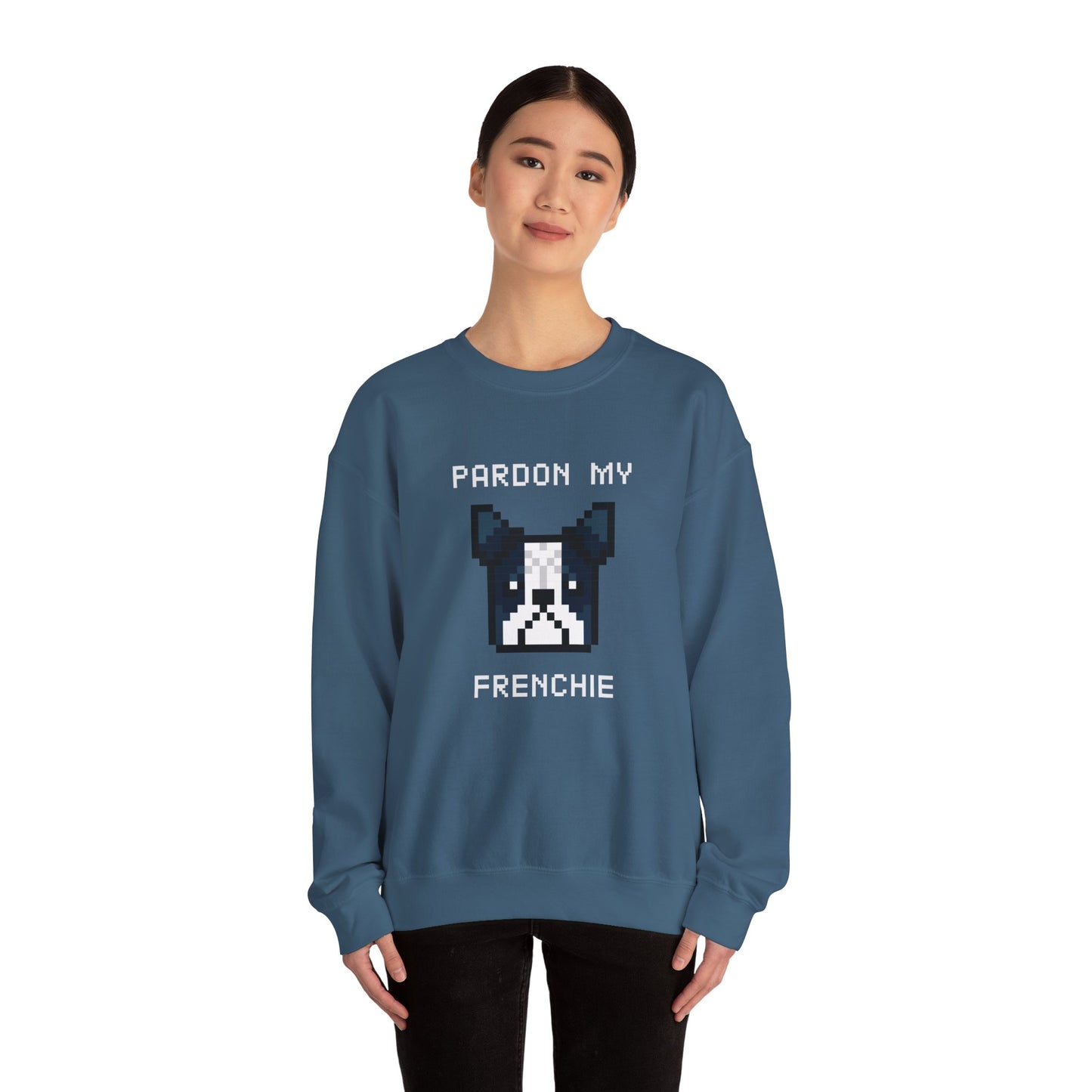 Sudadera unisex de mezcla pesada con cuello redondo de EPPIX: Pardon My Frenchie, ilustración divertida de arte de perro pixelado, bulldog francés 