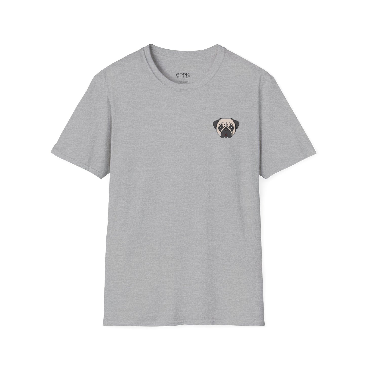 Camiseta unisex Softstyle de EPPIX: ilustración de perro pixelado con un lindo cachorro de carlino 