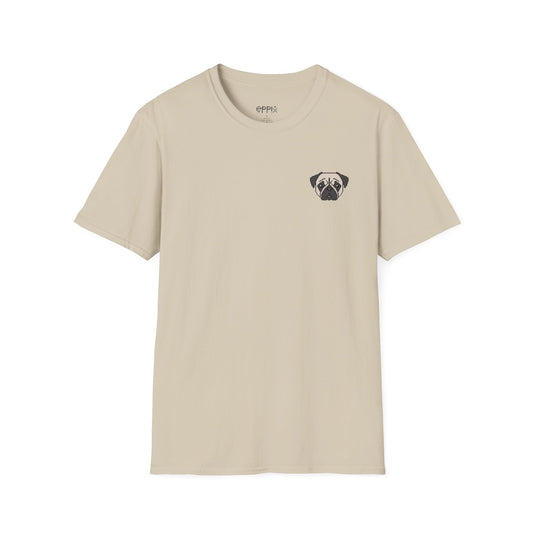 Camiseta unisex Softstyle de EPPIX: ilustración de perro pixelado con un lindo cachorro de carlino 