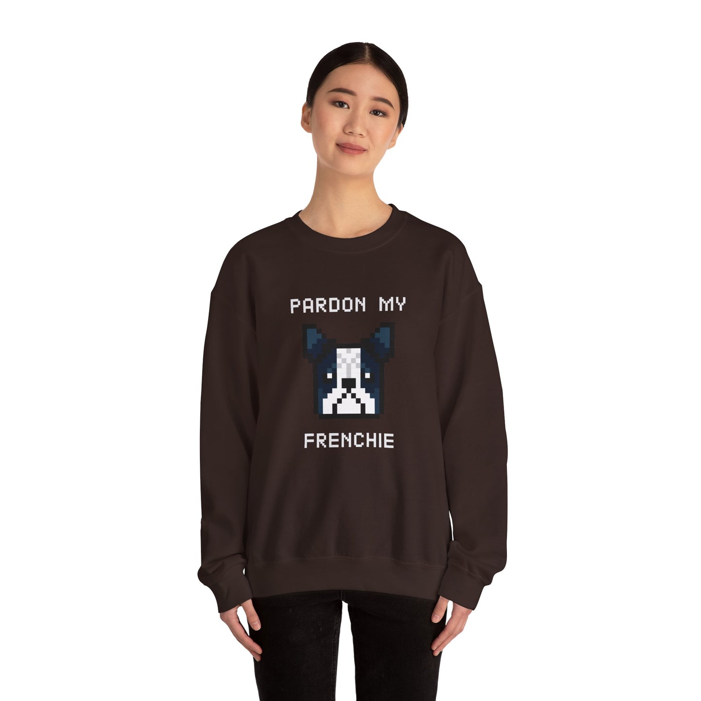 Sudadera unisex de mezcla pesada con cuello redondo de EPPIX: Pardon My Frenchie, ilustración divertida de arte de perro pixelado, bulldog francés 