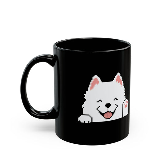 EPPIX Ceramic Black Mug - Happy Smiling Samoyed Pixel Dog Illustration (11oz, 15oz)