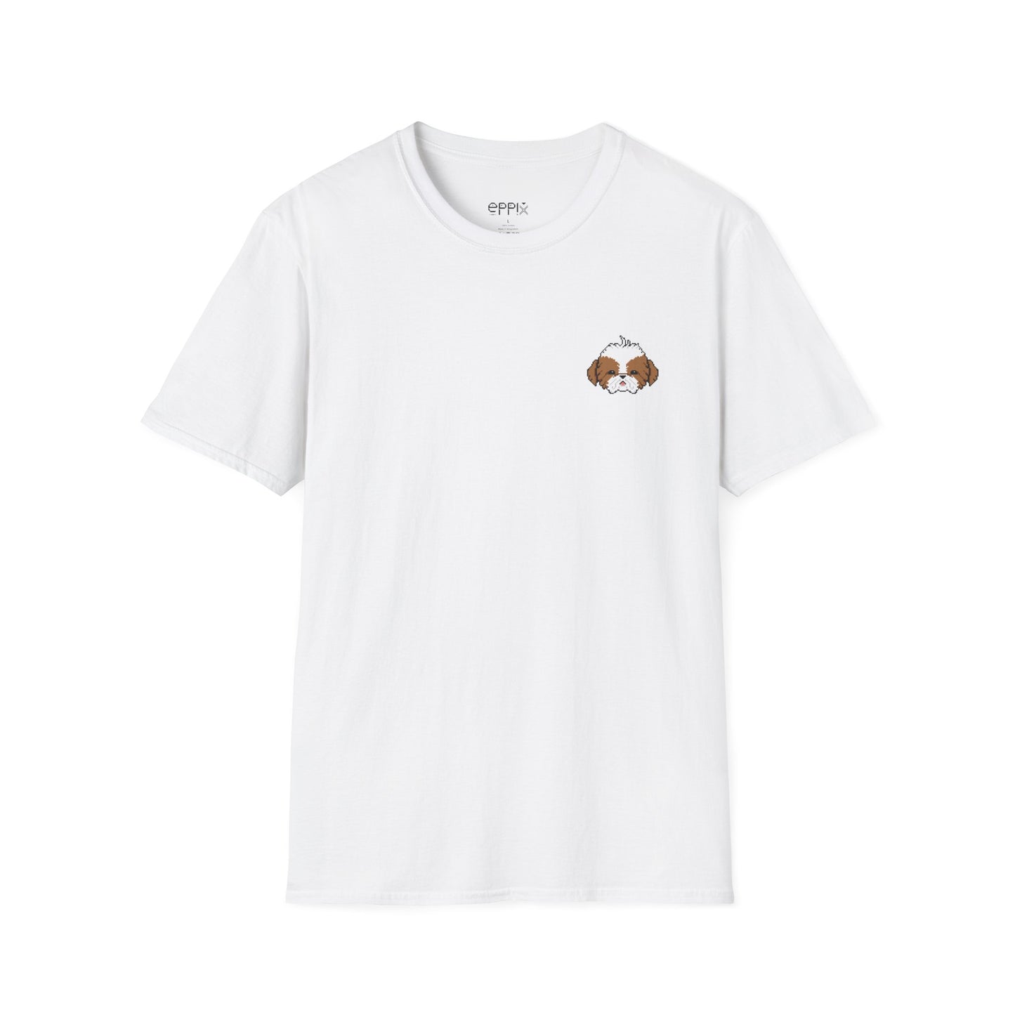 Camiseta unisex de estilo suave EPPIX: ilustración de perro Shih Tzu bebé con píxeles, lindo cachorro 