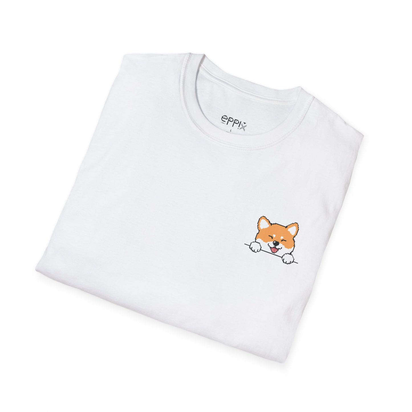 Camiseta unisex Softstyle de EPPIX: ilustración de perro píxel Shiba Inu astuto con expresión traviesa 