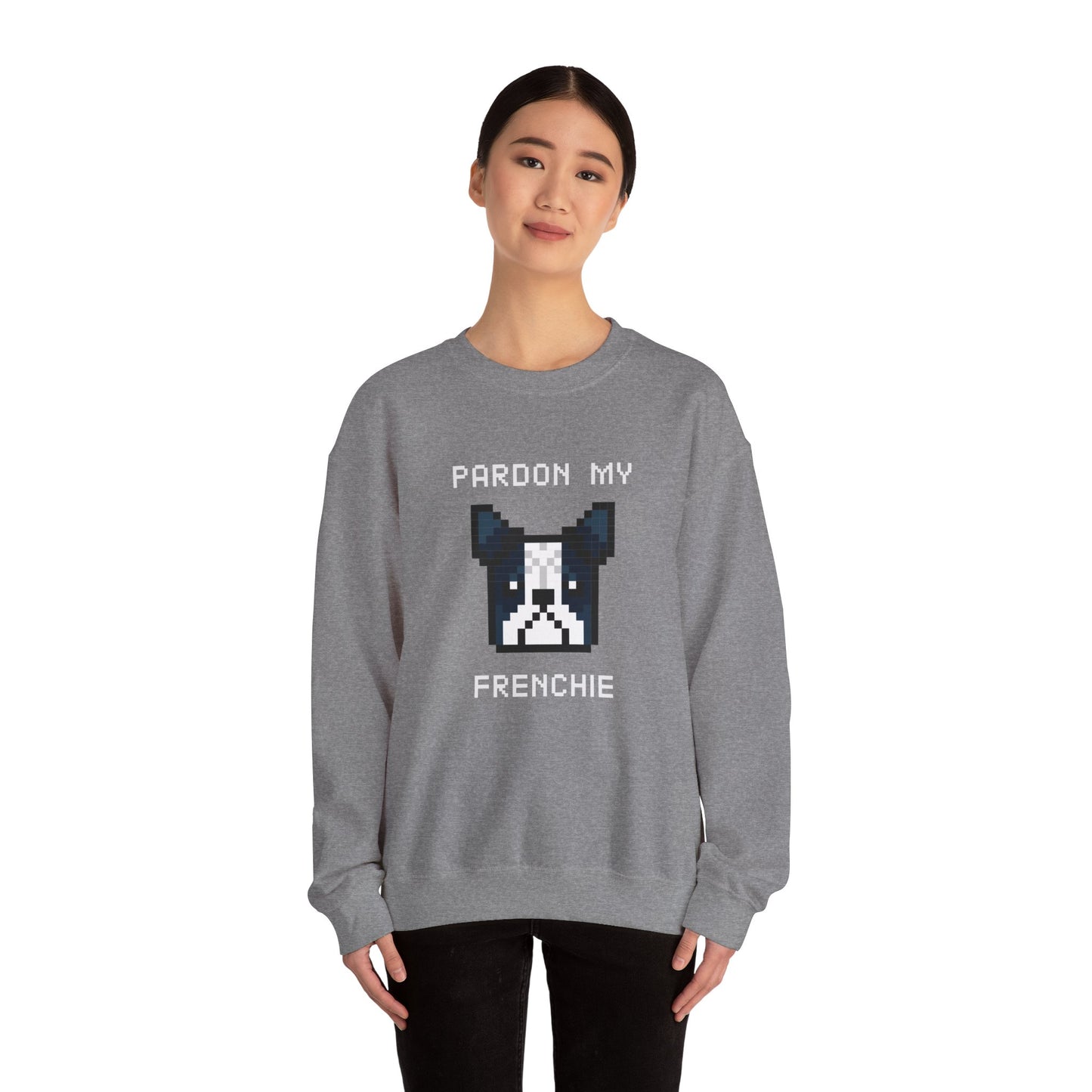 Sudadera unisex de mezcla pesada con cuello redondo de EPPIX: Pardon My Frenchie, ilustración divertida de arte de perro pixelado, bulldog francés 