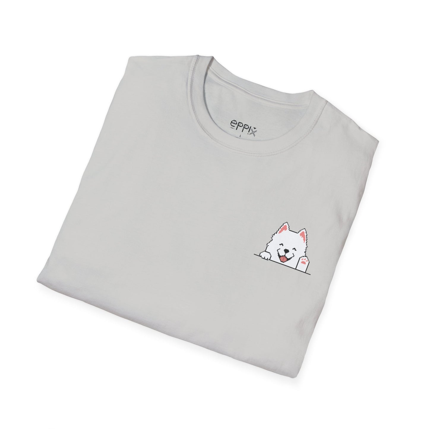 EPPIX Unisex Softstyle T-Shirt - Happy Samoyed Smiling Pixel Dog Illustration Waving Hello