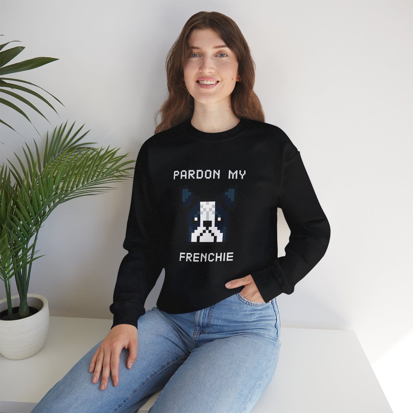 Sudadera unisex de mezcla pesada con cuello redondo de EPPIX: Pardon My Frenchie, ilustración divertida de arte de perro pixelado, bulldog francés 