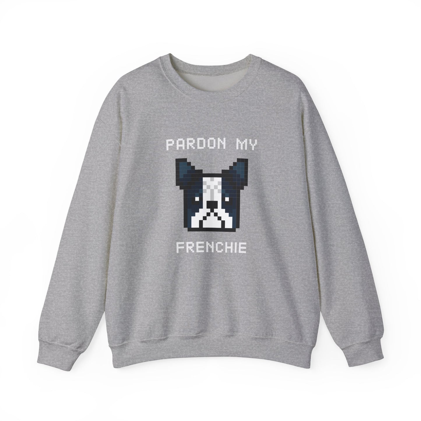 Sudadera unisex de mezcla pesada con cuello redondo de EPPIX: Pardon My Frenchie, ilustración divertida de arte de perro pixelado, bulldog francés 