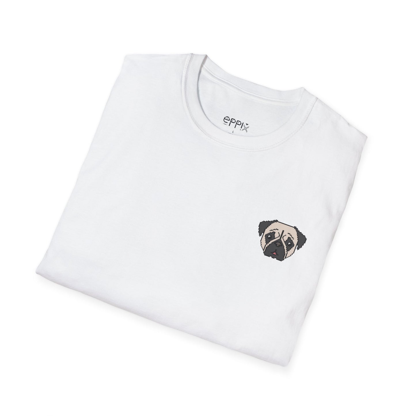 Camiseta unisex Softstyle de EPPIX: ilustración de perro pixelado con un lindo cachorro de carlino 