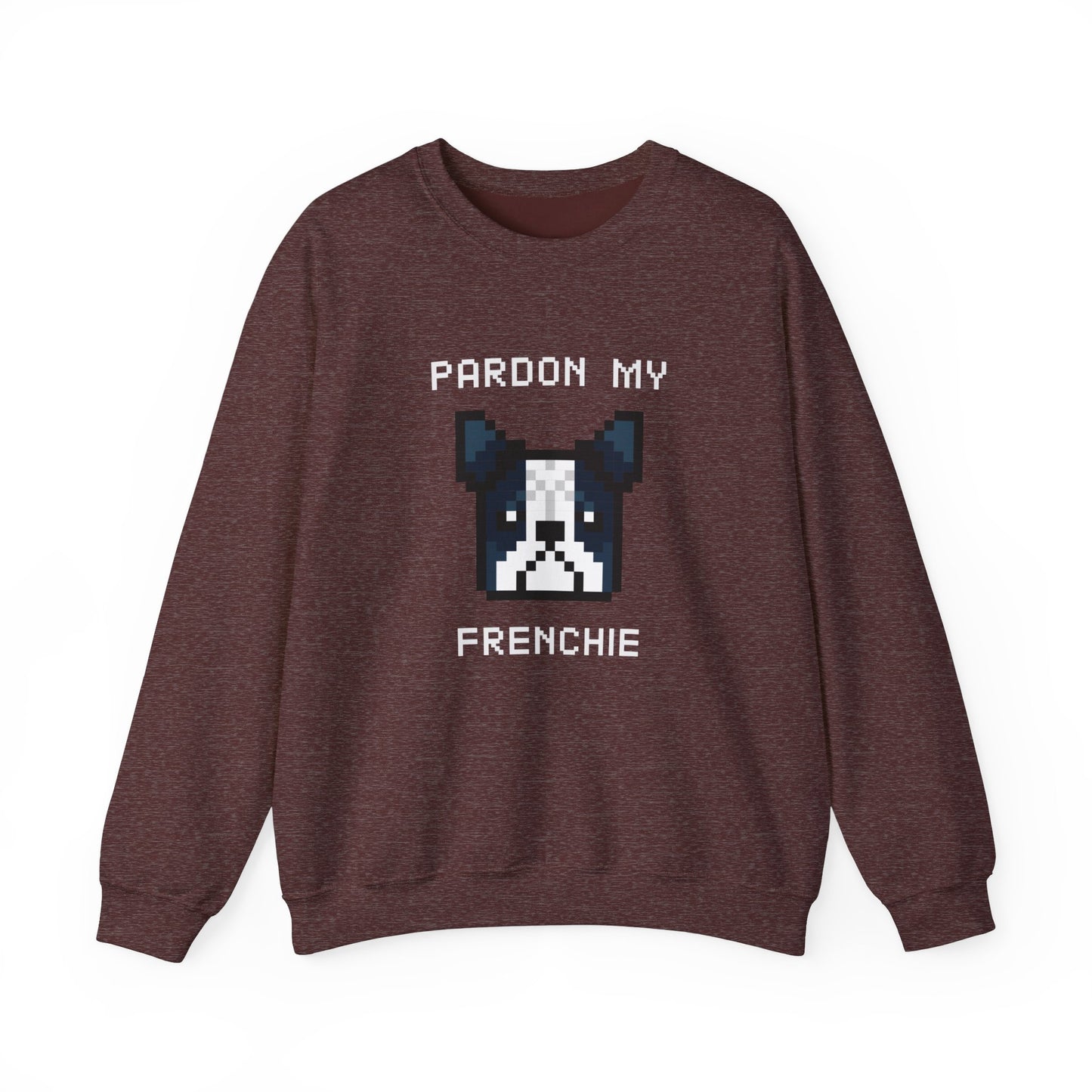 Sudadera unisex de mezcla pesada con cuello redondo de EPPIX: Pardon My Frenchie, ilustración divertida de arte de perro pixelado, bulldog francés 