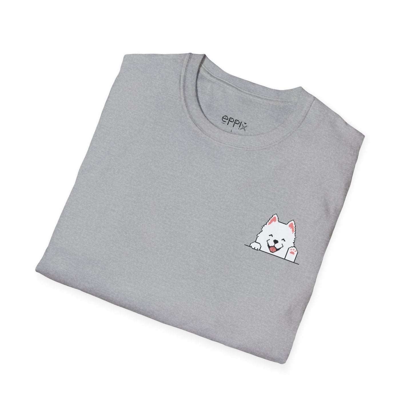 Camiseta unisex Softstyle de EPPIX: ilustración de perro samoyedo sonriente y feliz saludando con la mano 