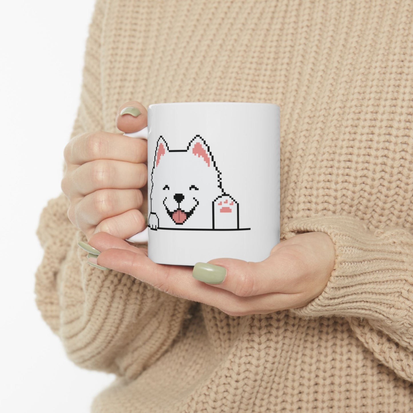 EPPIX Ceramic White Mug - Happy Smiling Samoyed Pixel Dog Illustration (11oz, 15oz)