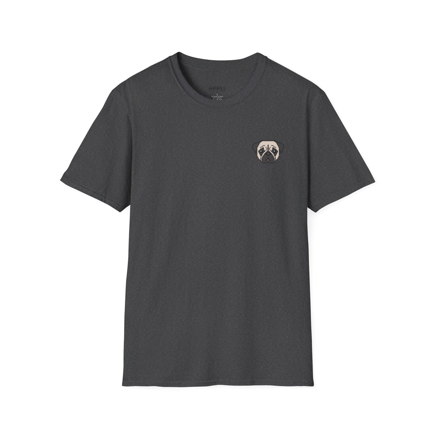 Camiseta unisex Softstyle de EPPIX: ilustración de perro pixelado con un lindo cachorro de carlino 