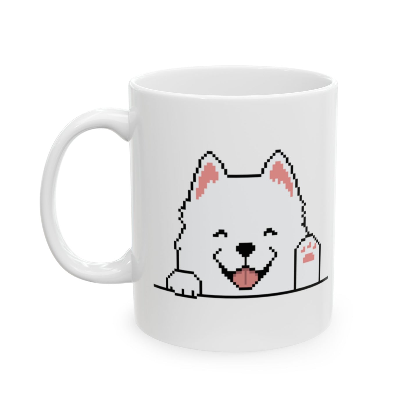 EPPIX Ceramic White Mug - Happy Smiling Samoyed Pixel Dog Illustration (11oz, 15oz)