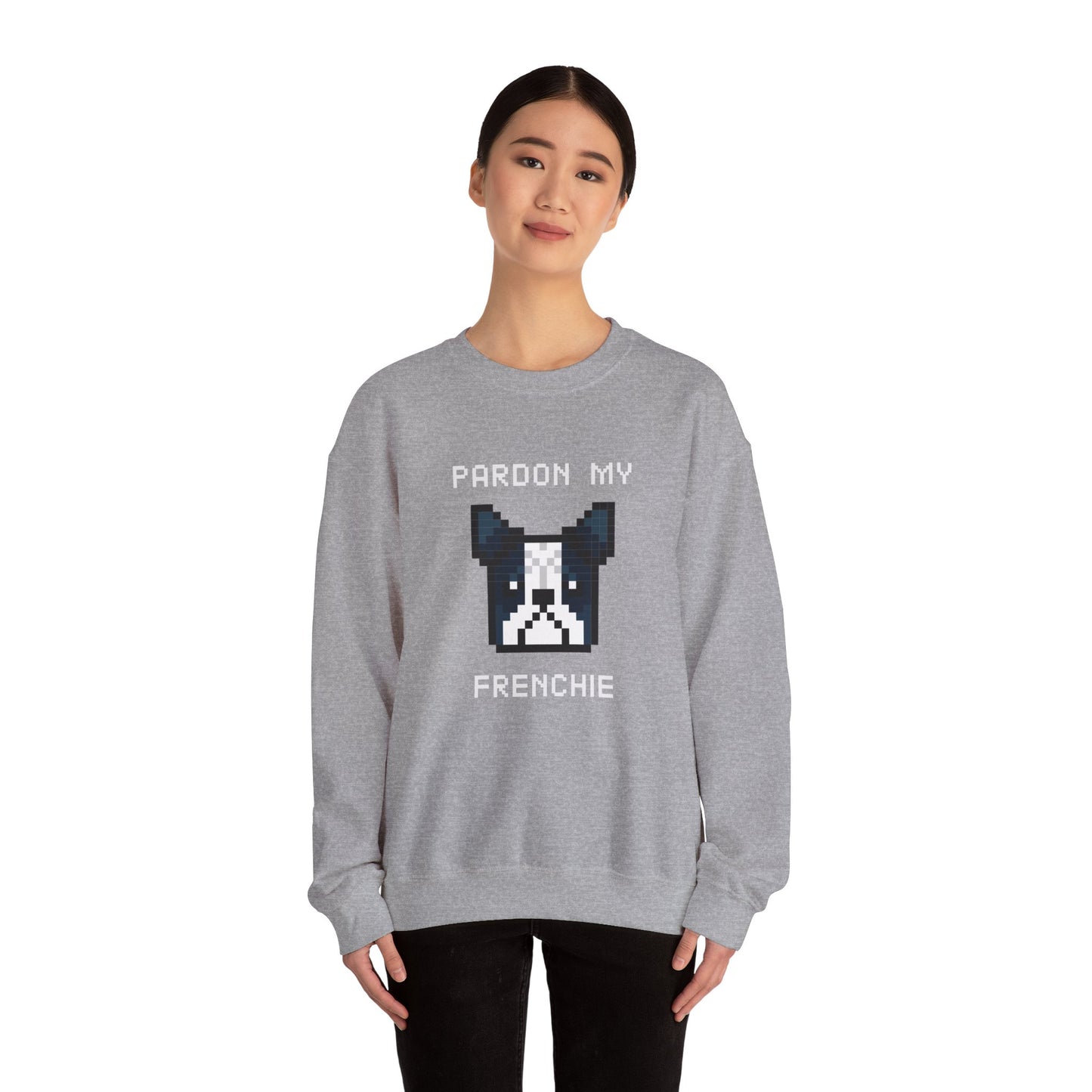 Sudadera unisex de mezcla pesada con cuello redondo de EPPIX: Pardon My Frenchie, ilustración divertida de arte de perro pixelado, bulldog francés 