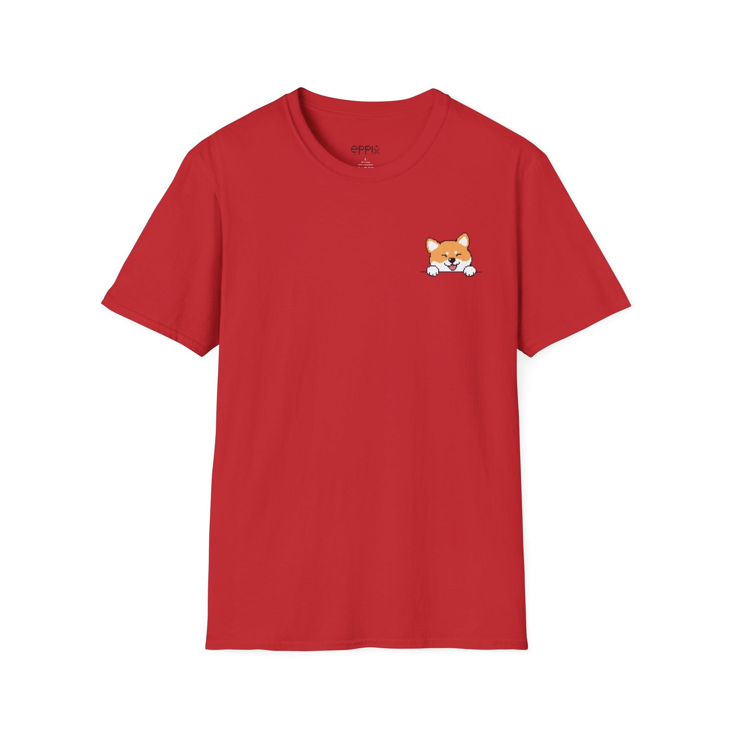 Camiseta unisex Softstyle de EPPIX: ilustración de perro píxel Shiba Inu astuto con expresión traviesa 